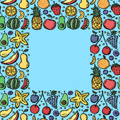 Fruit frame. Seamless fruit pattern with place for text. doodle illustration with fruit icons. Fruit background