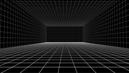 Wireframe room on the black background. Vector perspective grid. Box with digital space.