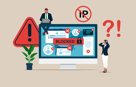 Programmer and woman Sitting on Computer Monitor with Blocked Account on Screen, Cyber Attack. Censorship Blocking or Ransomware Activity Security. Flat vector Illustration.