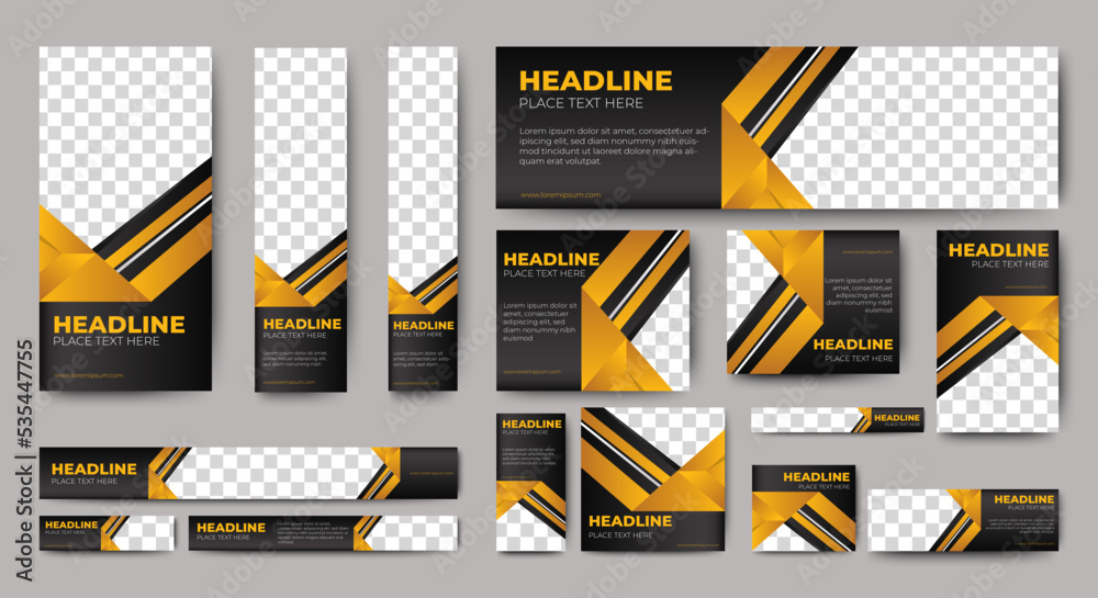 Wall mural business headline web banners of standard size with a place for photos. black and yellow. vertical, 