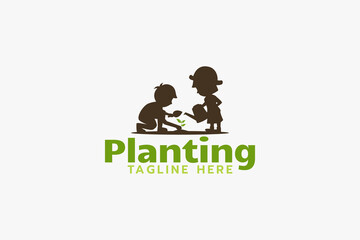 planting logo with silhouettes of two children doing planting activities.