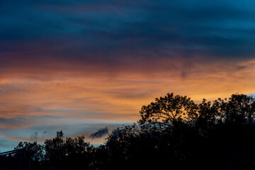 sunset with red and blue dramatic sky, silhouette against the light, shadow of trees, background, colorful, mexico,