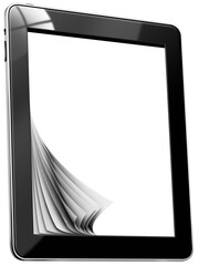 3D illustration of a vertical black tablet computer with blank pages. Isolated on transparent background, png.