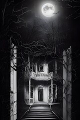 Full moon shines over a creepy haunted house. 