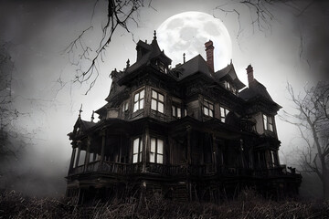 Full moon shines over a creepy haunted house. 