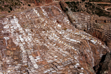 The Maras salt evaporation ponds located in the Sacred Valley of the Incas in Peru. The ponds have been in use since the days of the Incas.
