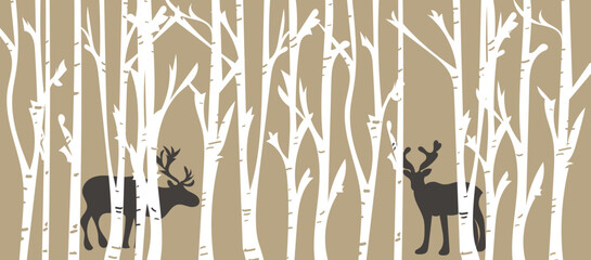 Deer in the Wood, vector, graphic elements, banner, card, trees in the forest.