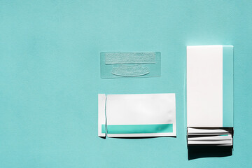 Mock up teeth whitening stripes for home dental care. Set of oral hygiene products.