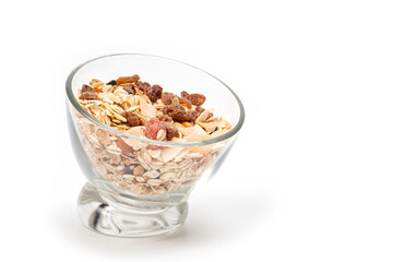 Muesli from oatmeal fruits and nuts, healthy diet food.