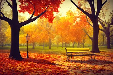 Obraz premium Park on an autumn day with fallen tree leaves, a bench and a lamppost. Autumn season banner. 3D illustration. Copy space. Header.. High quality illustration