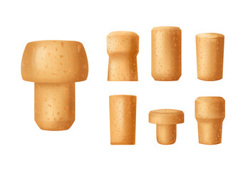 Set cork stopper wooden taps. Wine bung in cartoon. Corkwood plug with grape bunch. Vector illustration on white background