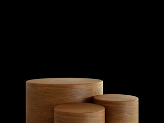 Cosmetic wood podium isolated in black background. Template for product presentation. 3d rendering