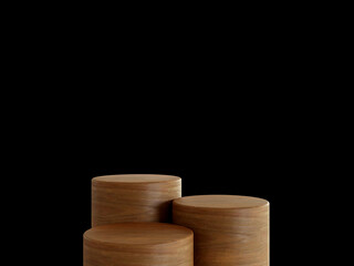 Cosmetic wood podium isolated in black background. Template for product presentation. 3d rendering
