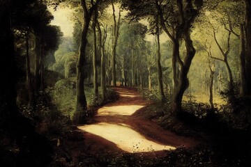 Dirt pathway through the woods UK summer. High quality illustration