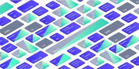 Keyboard with shortcut combinations for motion design in isometric 3D. Shortcut keys in random order for windows buttons. Background