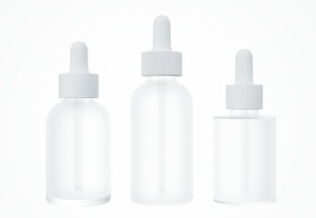 Set of different white cosmetic serum dropper bottles, skin care product packaging concept, commercial design deady mock-up
