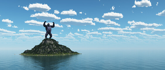 Riesiger Gorilla auf einer Berginsel im offenen Meer © Michael Rosskothen
