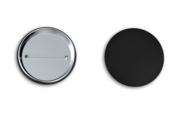 Black pin button badges mockup isolated on white background. 3d rendering.