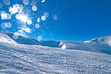 Winter mountains powder slope. Carpathians hill snow covered