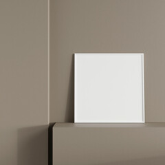 Minimalist front view square white photo or poster frame mockup leaning against wall on podium. 3d rendering.