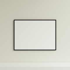 Clean and minimalist front view horizontal black photo or poster frame mockup hanging on the wall. 3d rendering.