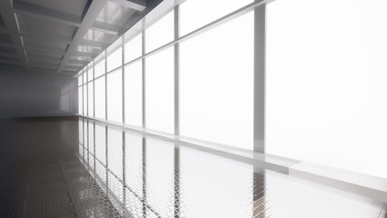 Abstract white and black interior multilevel public space with window. 3D illustration and rendering