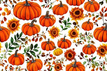 Autumn bouquet of pumpkins, sunflower, berries, fallen leaves. Seamless pattern with flower arrangement, watercolor illustration on a white background. Halloween holiday design, Thanksgiving, harvest