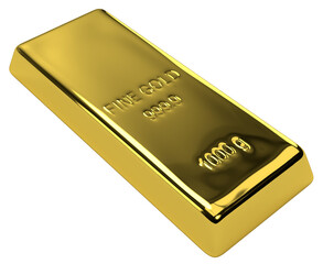 One Pure Gold Bar Bullion png image with transparent background, safe haven investment asset commodity 3d illustration, 1 kilo gold bar ingot