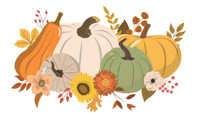 Obraz na płótnie Canvas Cute autumn color pumpkins, flowers, berries, and leaves arrangement. Isolated on white background. Seasonal harvest design for greeting or poster.