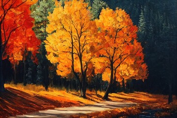 Naklejka na ściany i meble Autumn forest in village, Oregon. Oil painting.. High quality illustration