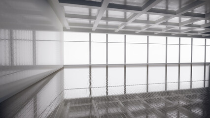 Abstract white and black interior multilevel public space with window. 3D illustration and rendering