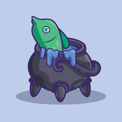 illustration of a cauldron filled with fish 