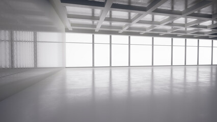 Abstract white and black interior multilevel public space with window. 3D illustration and rendering