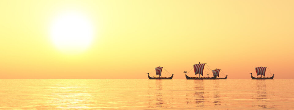 Wikingerschiffe in der Ferne bei Sonnenuntergang