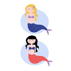 Little cute Cartoon Mermaids Blue, Red isolated On White