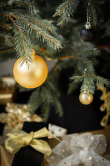 Beautiful golden Christmas ball close-up on a Christmas tree branch
