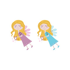 Flying blond Fairies holding Tooths isolated on white