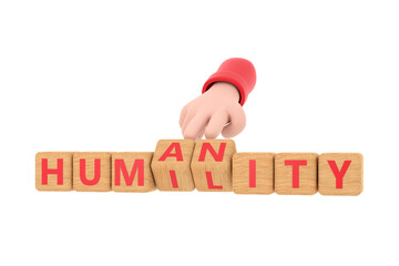 3d. Hand turns dice and changes the word " humanity" to "humility".
