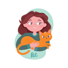 Girl hugging her cat. Cat is my pet. Lovely illustration in vector.