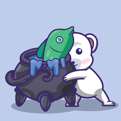 illustration of a cute polar bear with an couldron filled with fish