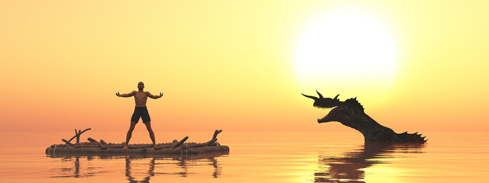 Schiffbr&uuml;chiger auf einem Flo&szlig; und Seemonster bei Sonnenuntergang