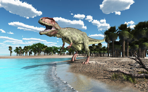 Dinosaurier Giganotosaurus am Strand