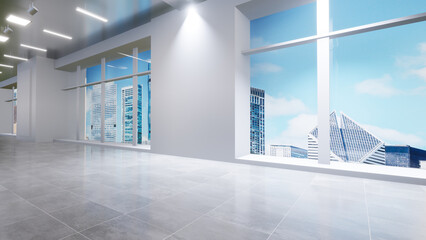 Interior view of abstract background with large windows and city view