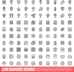 100 bakery icons set. Outline illustration of 100 bakery icons vector set isolated on white background