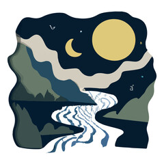 Illustration in Scandinavian style. beautiful background. Flat abstract design. Mountain view, river view. Mountains, clouds, sun, moon. Vector illustrations.