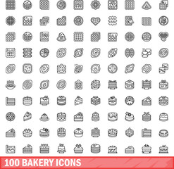 100 bakery icons set. Outline illustration of 100 bakery icons vector set isolated on white background