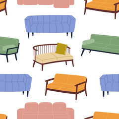 Seamless pattern of different comfortable couches and sofas. Soft furniture for lounge and relaxation. Hand drawn colored vector illustration isolated on white background. Modern flat cartoon style.