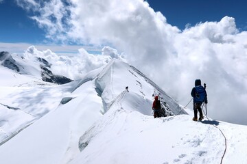 Naklejka na ściany i meble Multi day summer expedition through some glaciers in the alps. On the Monterosa massif starting from Zermatt and summiting multiple 4000m mountains