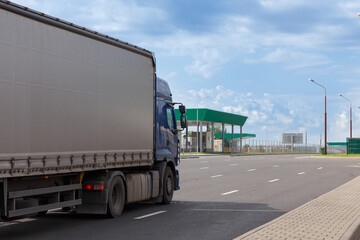 A cargo truck passes the checkpoint on Belarusian-Polish border.