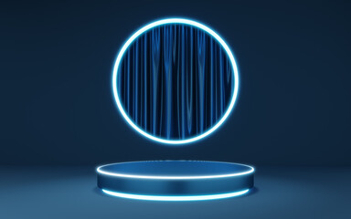 Blue cylinder pedestal with neon border on glow lighting circle arch, curtain background. Empty modern podium mockup space. Abstract technology dark minimal geometric object. 3d render illustration.